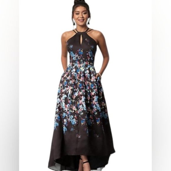 SOLD - Floral Rose Print Maxi Dress/Gown with Full Skirt and Trail. Open Back - Picture 7 of 12